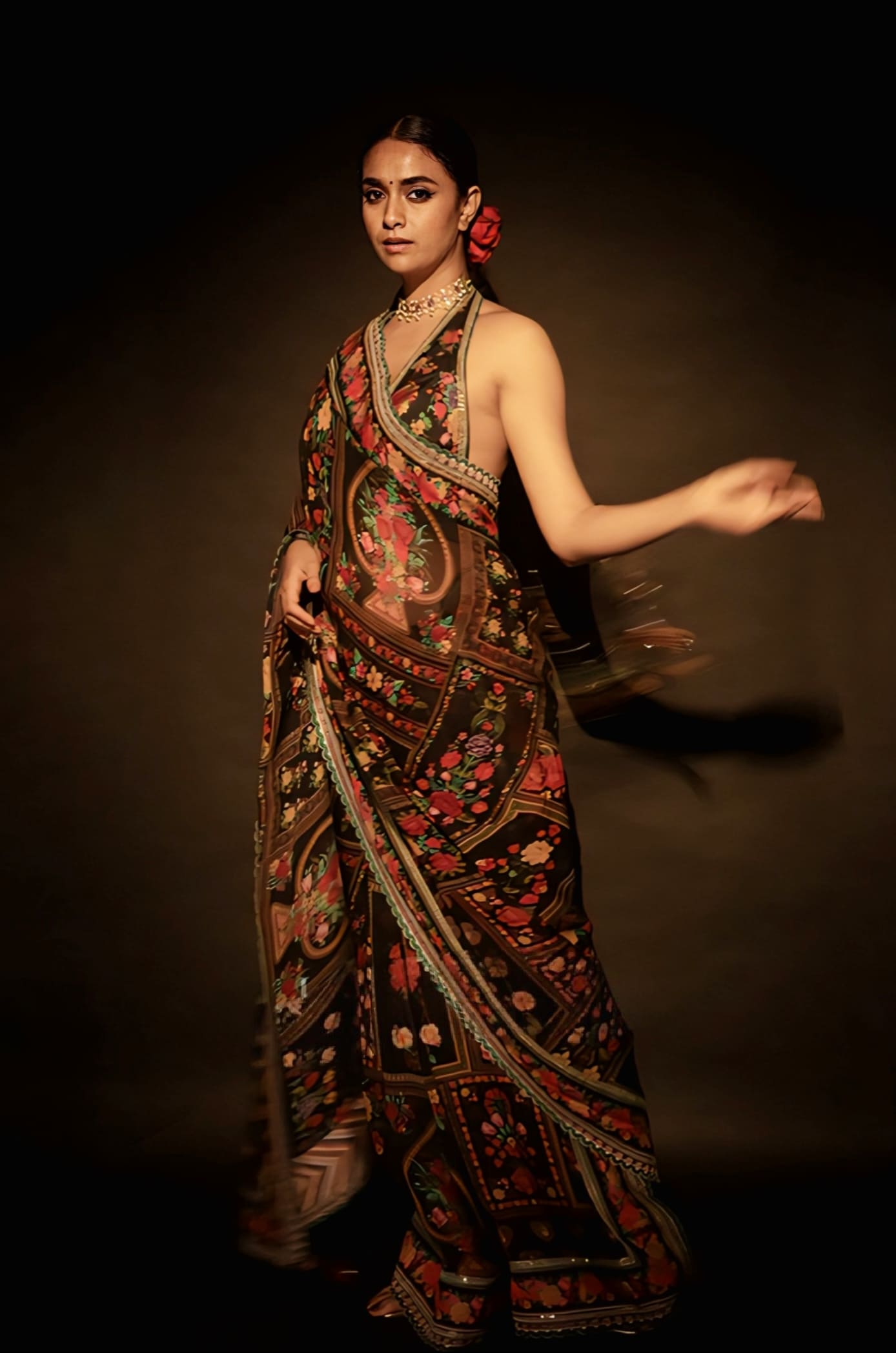 Muslin silk saree with digital print and embroidery inspired by Keerthy Suresh