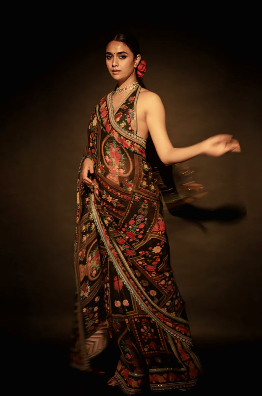 Muslin silk saree with digital print and embroidery inspired by Keerthy Suresh