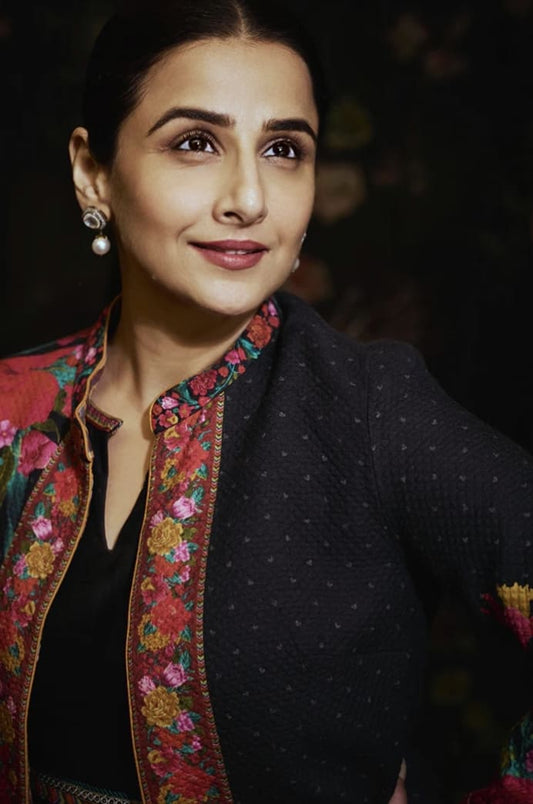 Vidya Balan in Dil Shaad Kerensa Jacket Set – Black Cotton Jacquard & Handwoven Chanderi Digital Print Designer Set