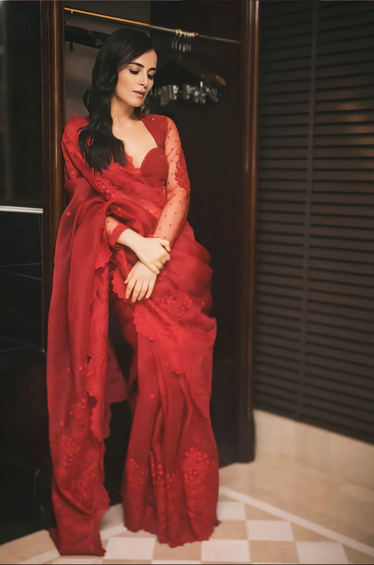 Radhika Madan in Surkh Farrin Saree Set – Red Silk Organza Embroidered Designer Saree with Sequin Work