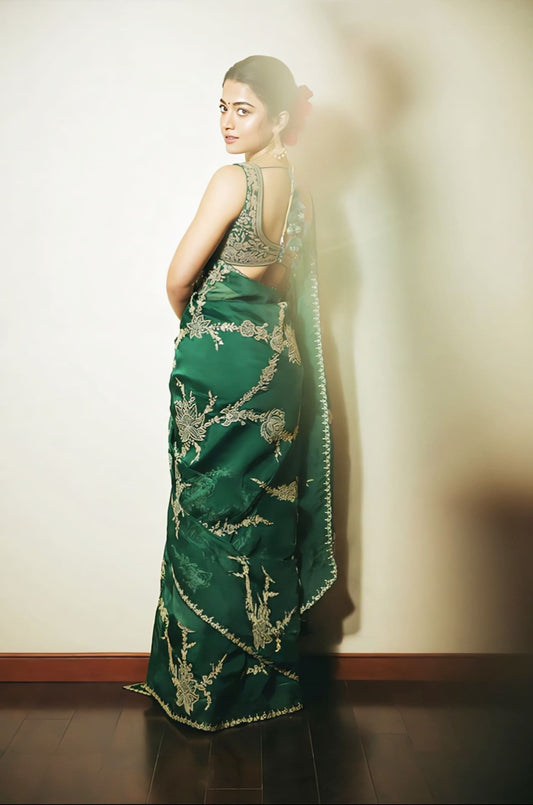 Rashmika Mandanna in Akhzari Miral Saree Set – Green Organza Embroidered Designer Saree