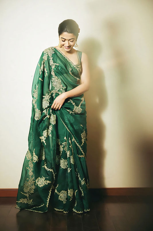 Rashmika Mandanna in Akhzari Miral Saree Set – Green Organza Embroidered Designer Saree
