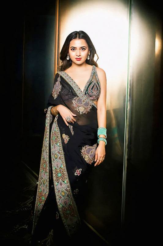 Black organza digital print saree with sequin blouse inspired by Tejasswi Prakash