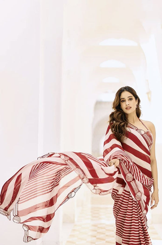 Janhvi Kapoor in Surkh Mahi Dhari Pitch Saree with Potli – Red & White Organza Silk Digital Print Designer Saree