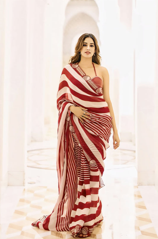 Organza silk saree with digital print and Kantha work inspired by Janhvi Kapoor