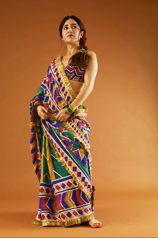 Handwoven Chanderi saree with embroidery and digital print inspired by Shweta Tripathi