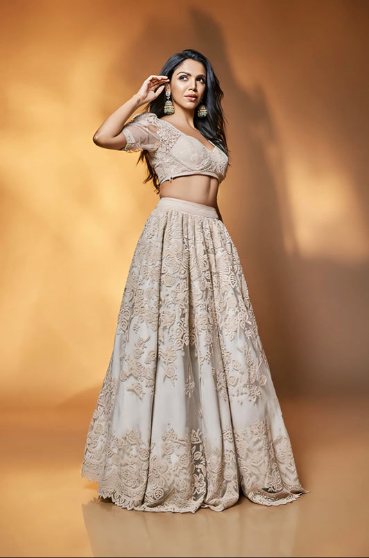 White embroidered lehenga with organza dupatta inspired by Shriya Pilgaonkar