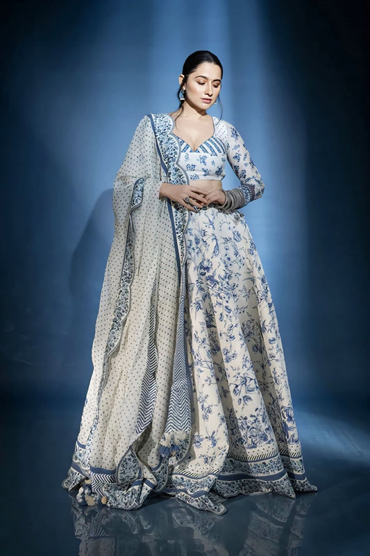 Handwoven Chanderi lehenga with digital print inspired by Sanjeeda Shaikh