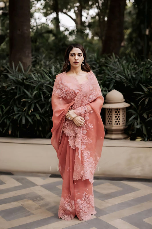 Bhumi Pednekar in Gulbaag Farrin Saree – Pink Silk Organza Aari Embroidered Designer Saree