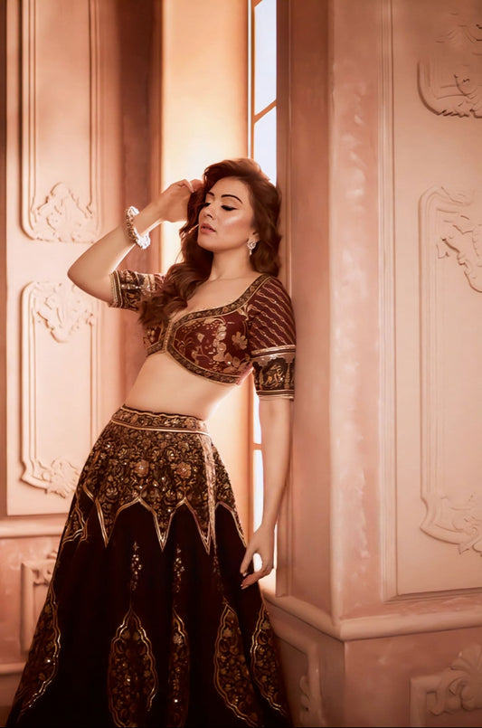 Raw silk lehenga with Bhagalpuri digital print inspired by Hansika