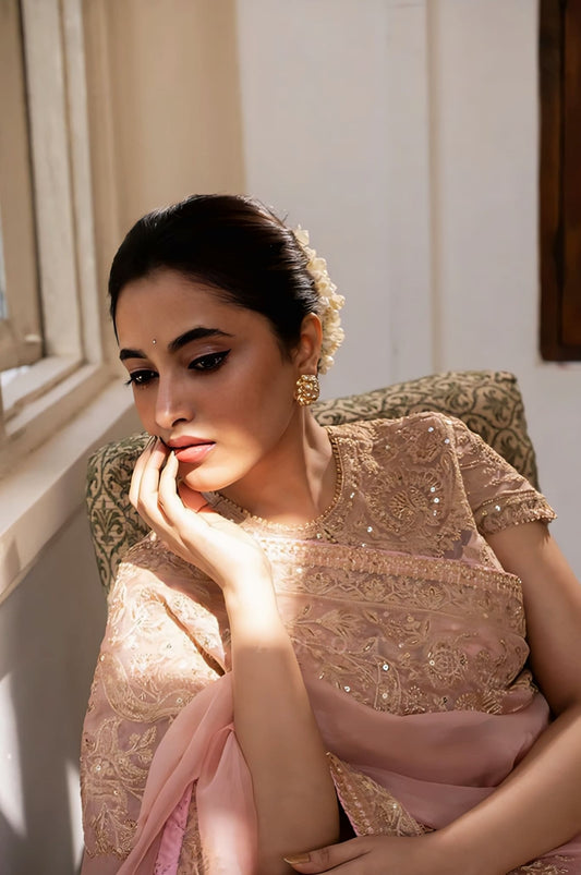 Priyanka Mohan in Gul-Mohar Yashoda Saree Set – Pink Silk Organza & Handwoven Chanderi Embroidered Designer Saree