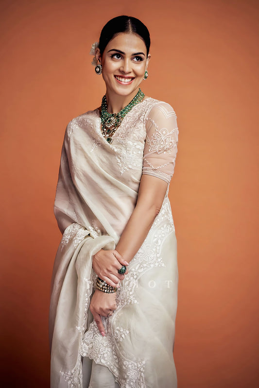 Green organza embroidered saree with Chanderi blouse inspired by Genelia