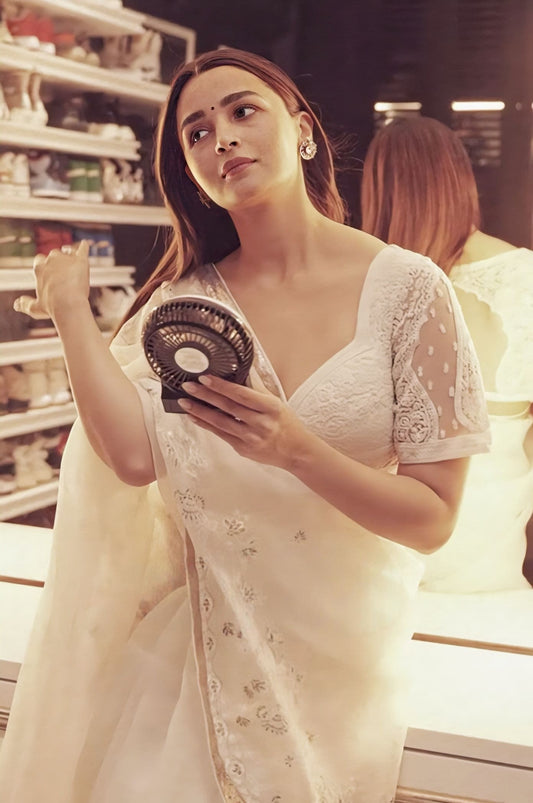 Ivory organza Chanderi silk saree with embroidery inspired by Alia Bhatt