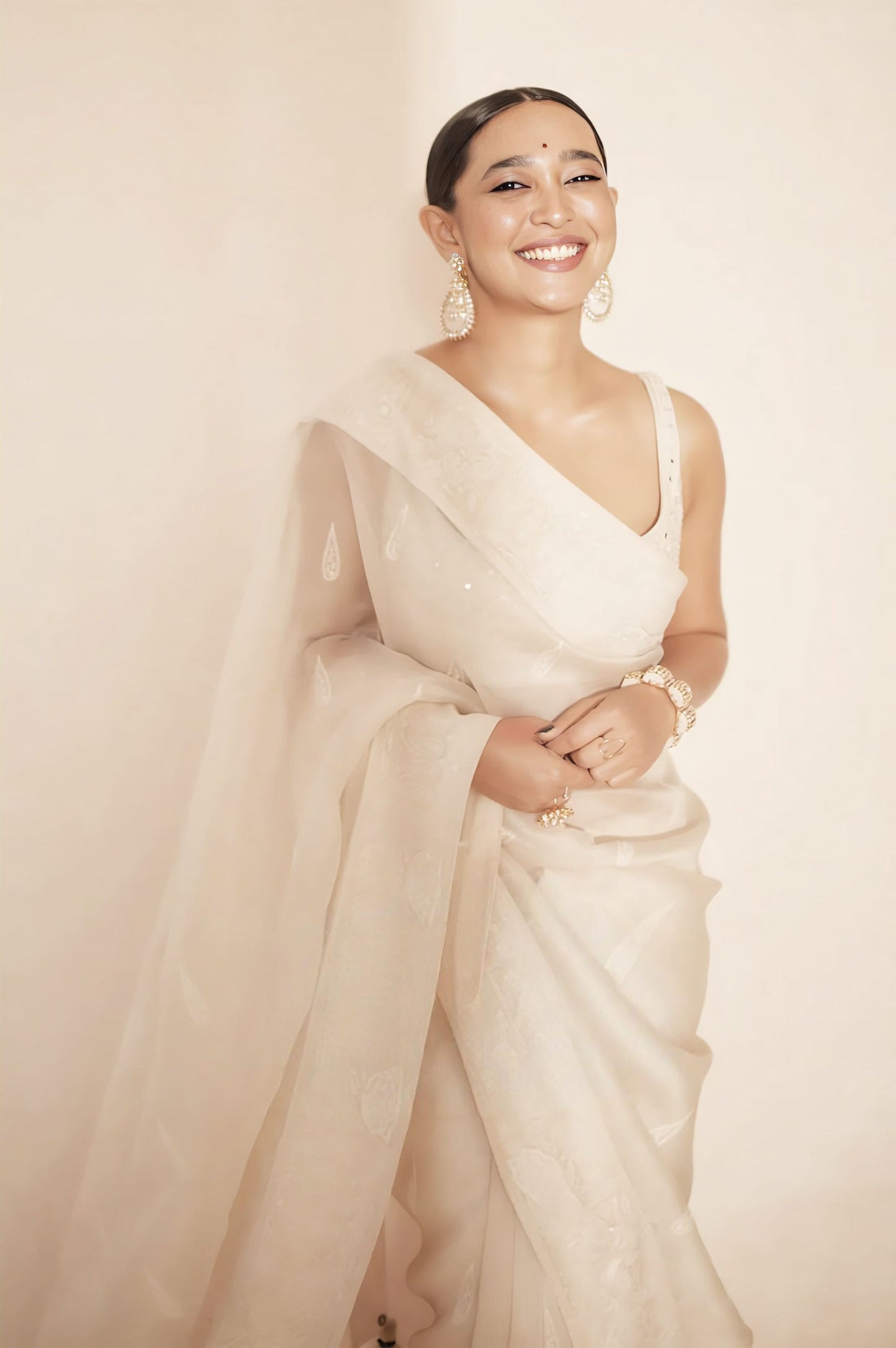 Ivory organza embroidered saree with Chanderi blouse inspired by Sayani Gupta
