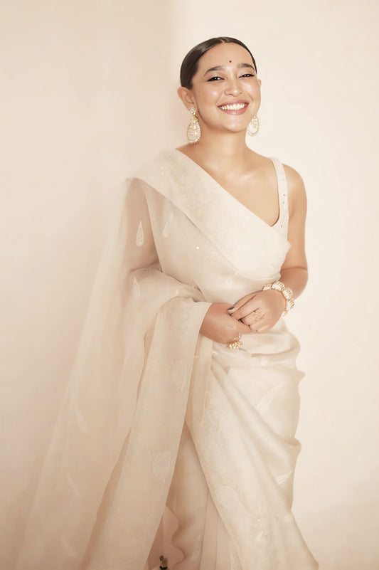 Ivory organza embroidered saree with Chanderi blouse inspired by Sayani Gupta