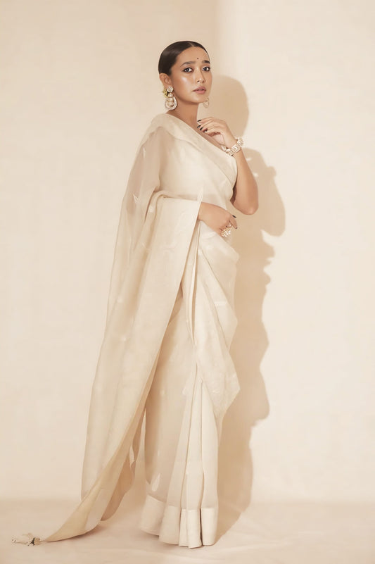 Sayani Gupta in Mogra Roonhi Saree Set – Ivory Organza Embroidered Designer Saree