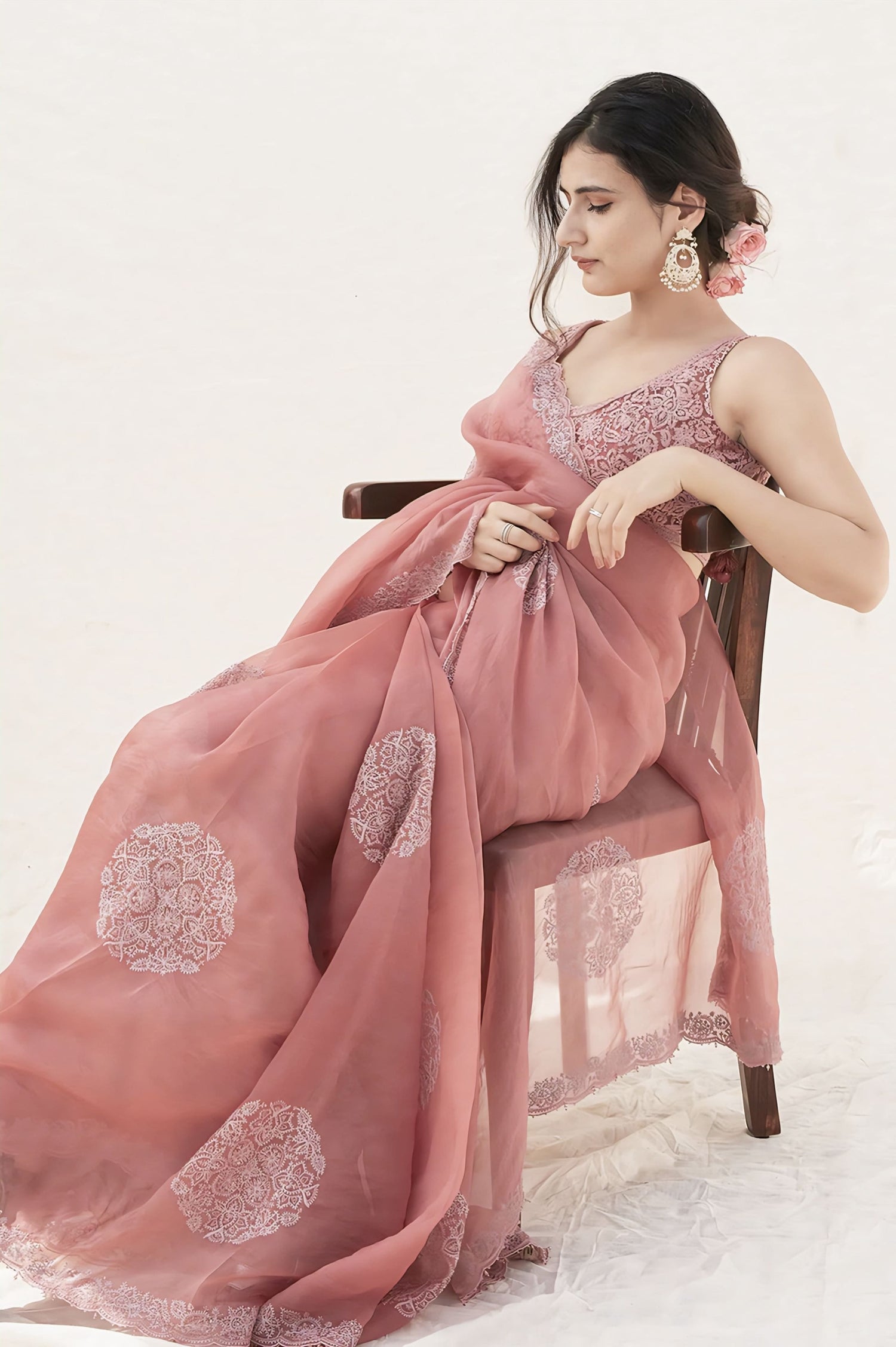 Pink silk organza embroidered saree with net blouse inspired by Fatima Sana Shaikh