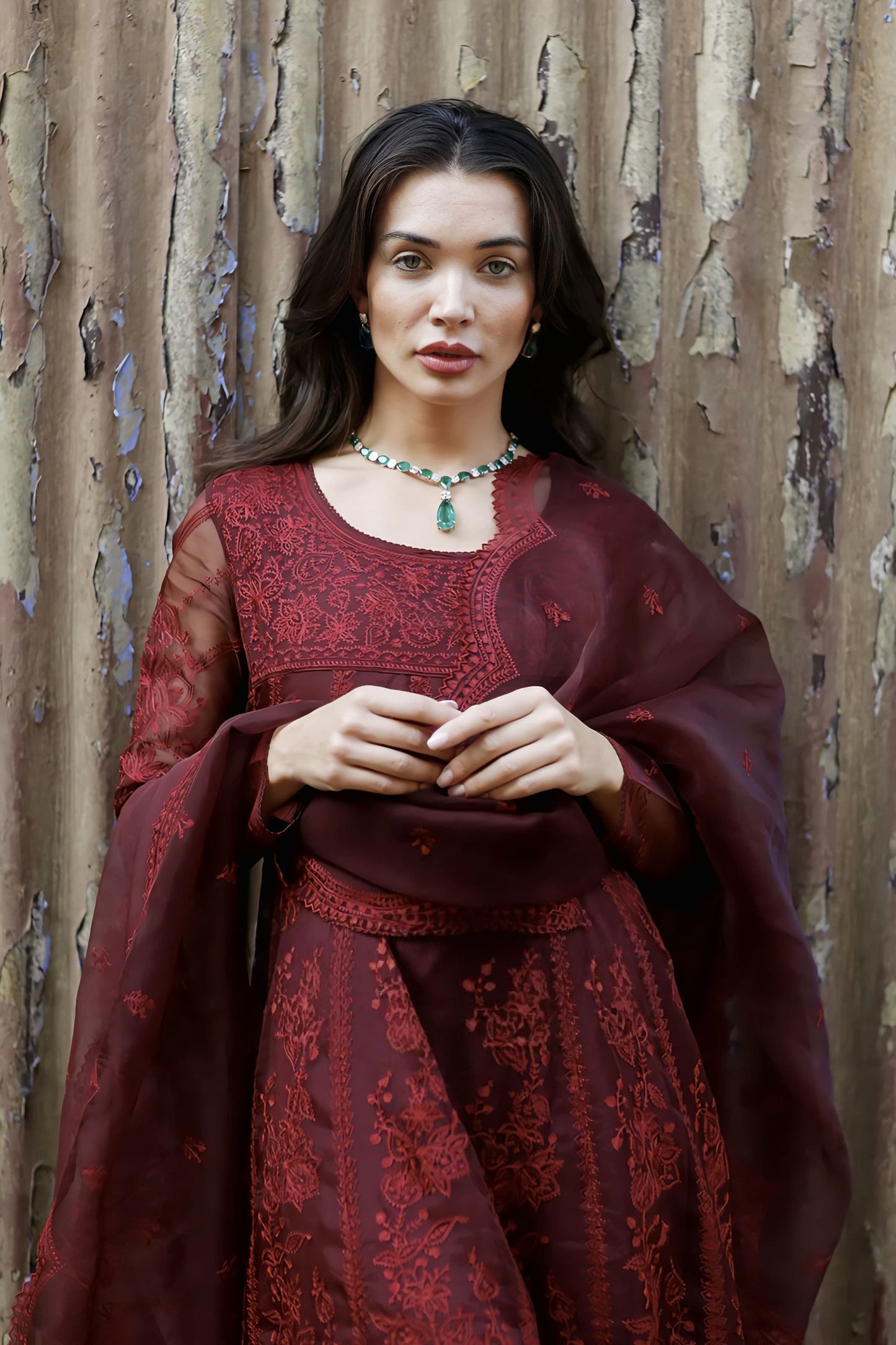 Amy Jackson in Gulnar Kalidaar Paavni Kurta Set – Red Handwoven Chanderi Aari Embroidered Designer Kurta Set