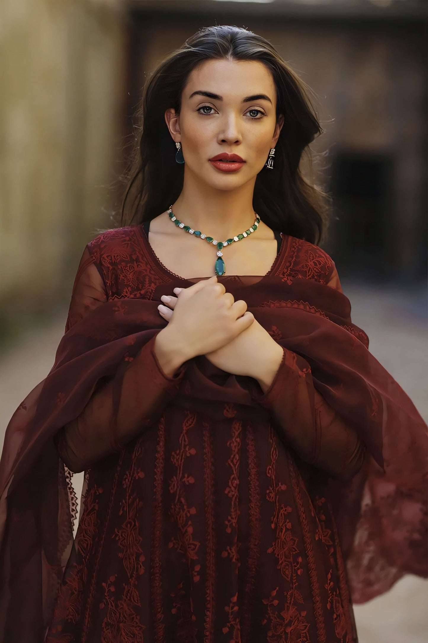 Amy Jackson in Gulnar Kalidaar Paavni Kurta Set – Red Handwoven Chanderi Aari Embroidered Designer Kurta Set