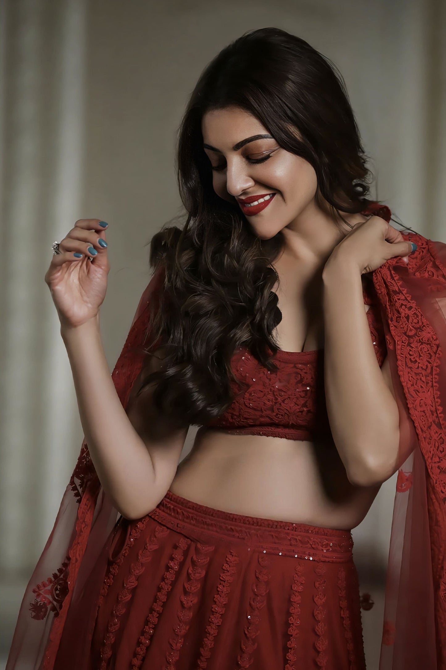 Kajal Aggarwal Kitchlu in Surkh Mrinal Lehenga Set – Red Dori Embroidered Designer Lehenga with Hand Adda Work