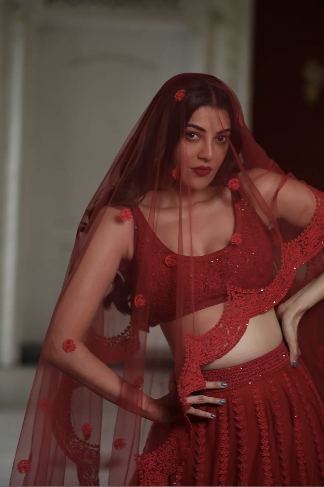 Kajal Aggarwal Kitchlu in Surkh Mrinal Lehenga Set – Red Dori Embroidered Designer Lehenga with Hand Adda Work