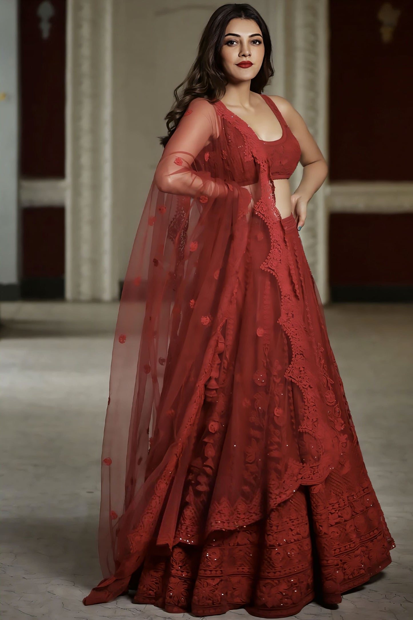 Kajal Aggarwal Kitchlu in Surkh Mrinal Lehenga Set – Red Dori Embroidered Designer Lehenga with Hand Adda Work