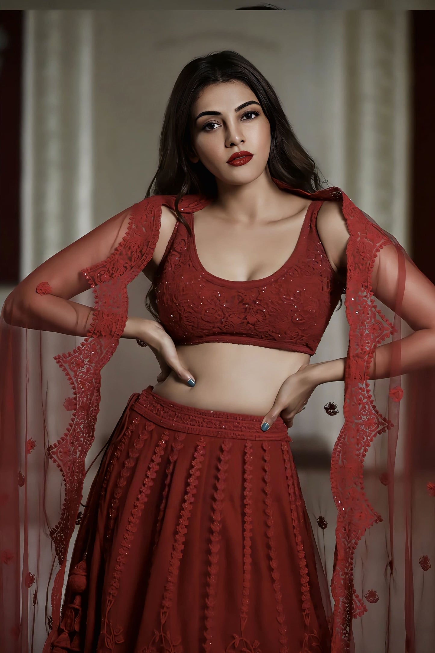 Red designer lehenga with dori embroidery and adda work inspired by Kajal Aggarwal