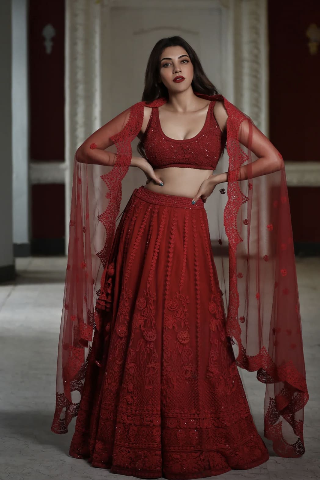 Kajal Aggarwal Kitchlu in Surkh Mrinal Lehenga Set – Red Dori Embroidered Designer Lehenga with Hand Adda Work
