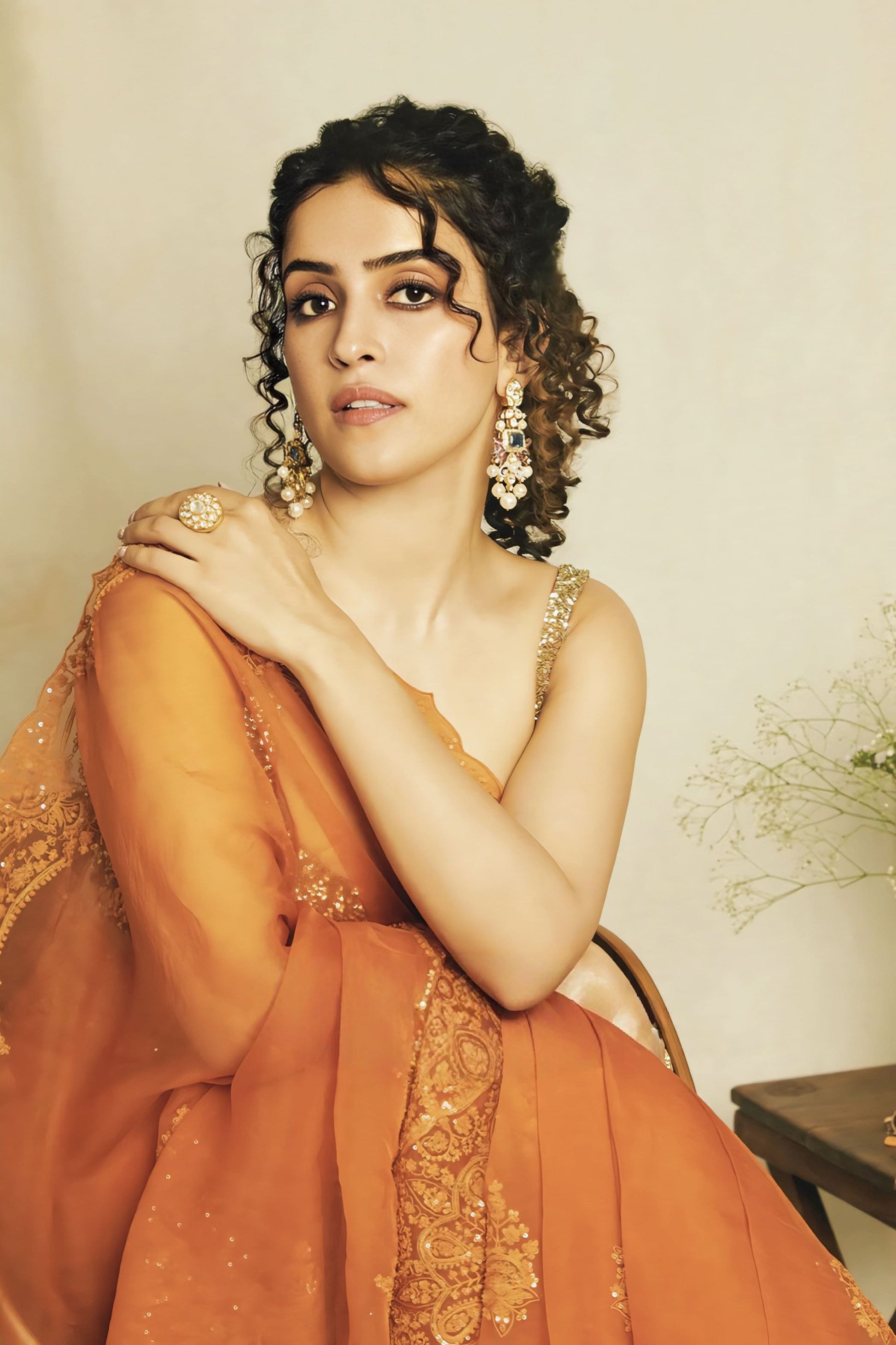 Orange organza embroidered saree with cotton silk blouse inspired by Sanya Malhotra