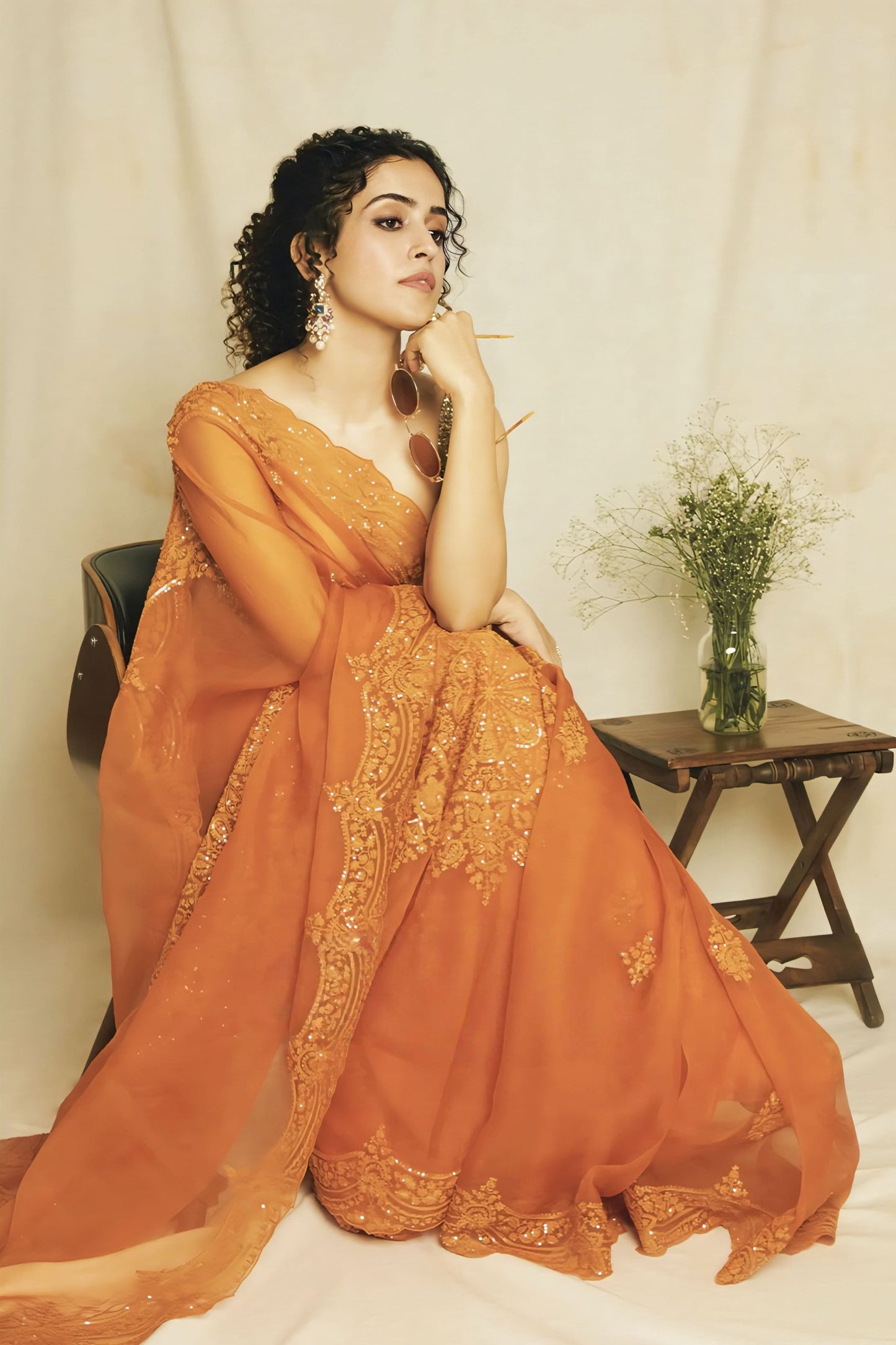 Sanya Malhotra in Santree Yuvani Guncha Saree Set – Orange Organza Embroidered Designer Saree