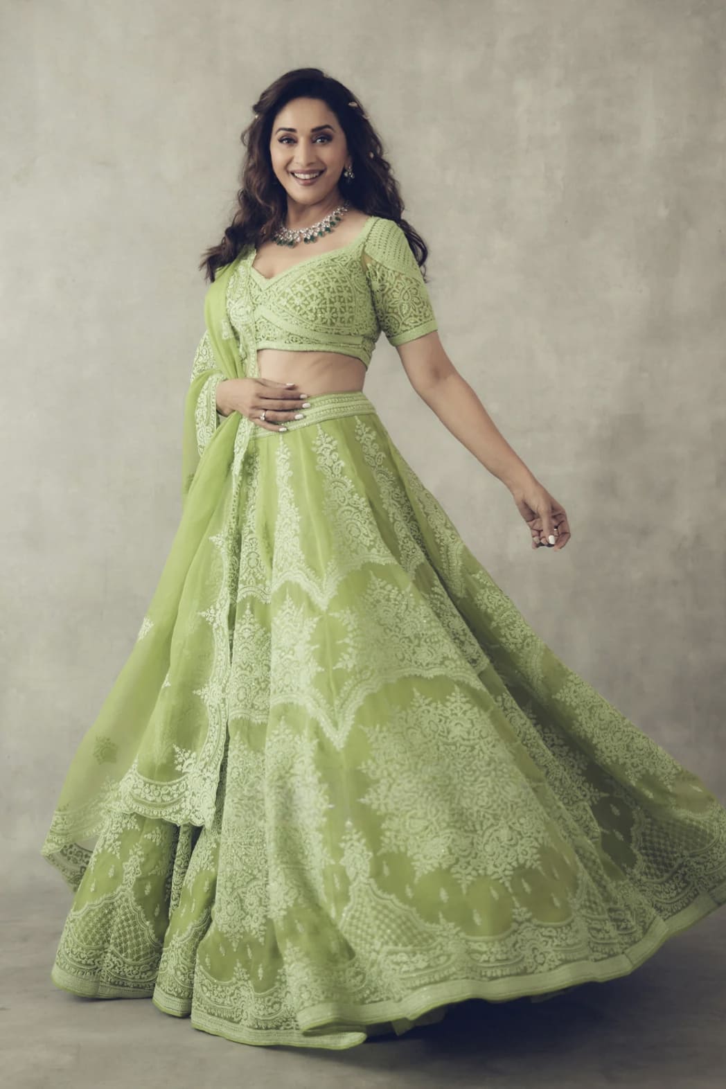 Green organza embroidered lehenga inspired by Madhuri Dixit