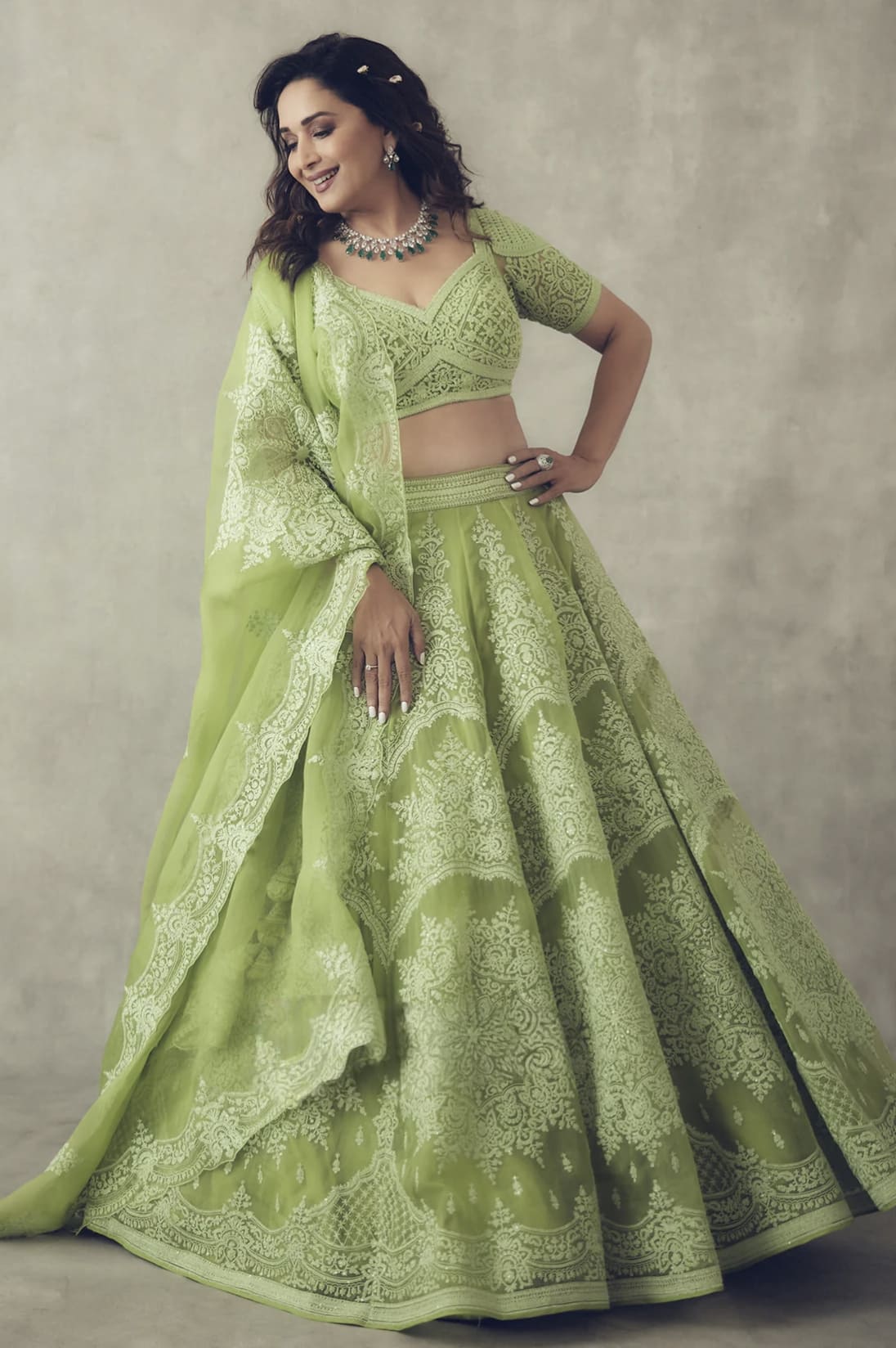 Madhuri Dixit in Angoori Meher Passa Lehenga Set – Green Organza Embroidered Designer Lehenga