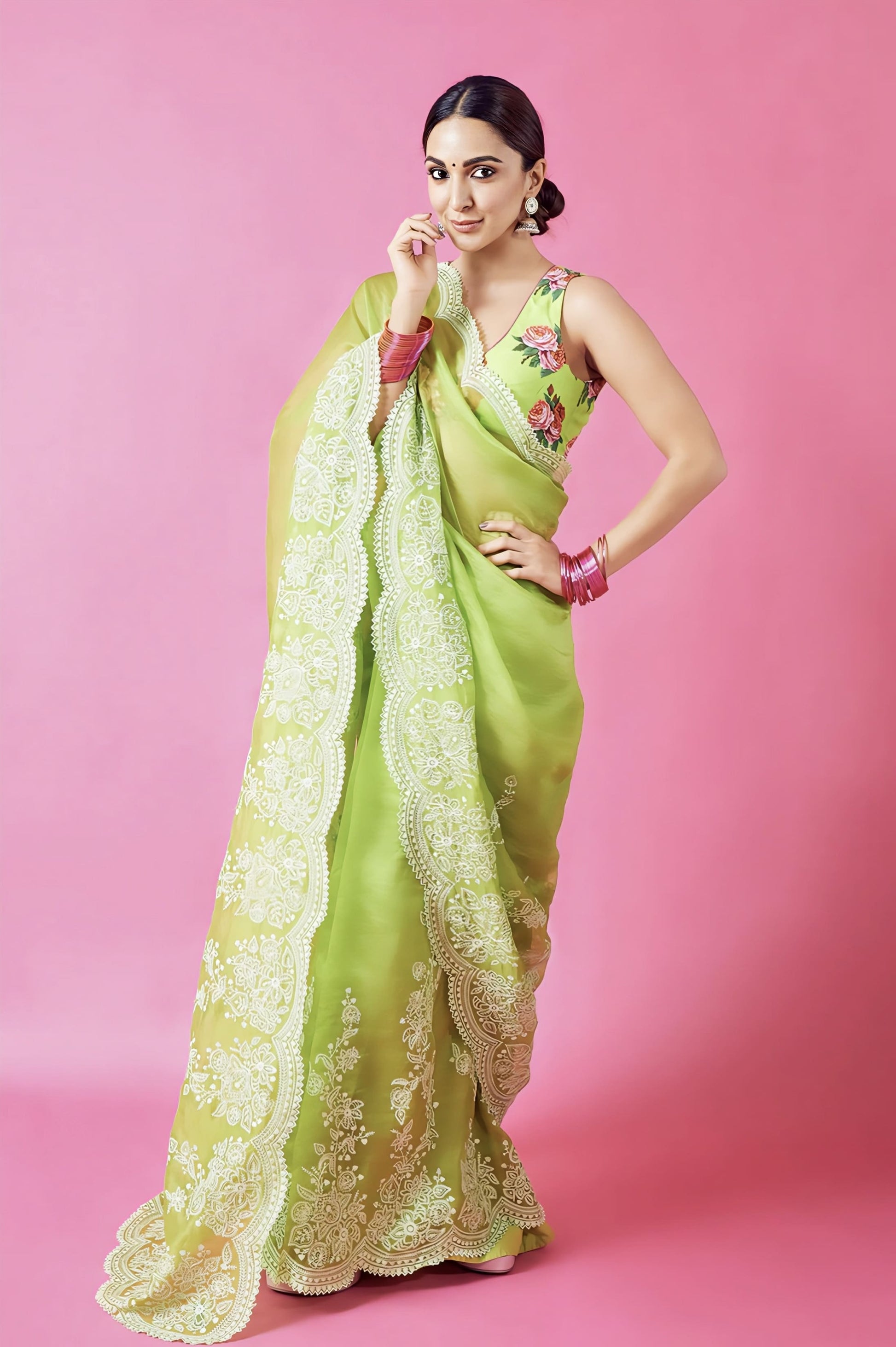 Green silk organza saree with digital print and embroidery inspired by Kiara Advani