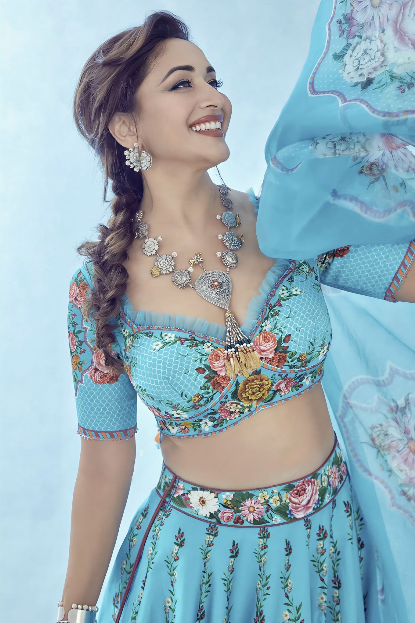 Madhuri Dixit in Firoza Arshneer Lehenga Set – Blue Linen Satin Digital Print & Embroidered Designer Lehenga