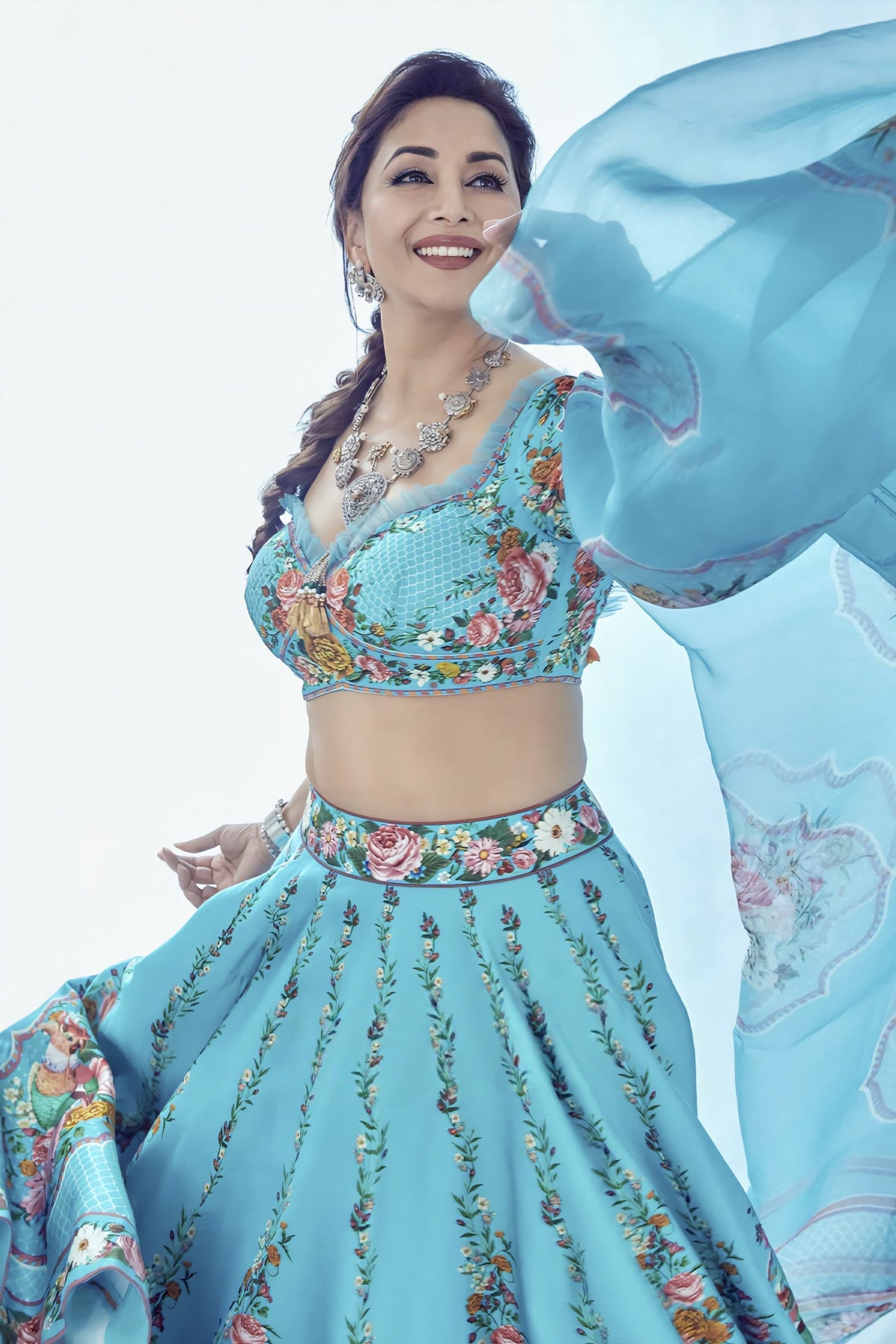 Madhuri Dixit in Firoza Arshneer Lehenga Set – Blue Linen Satin Digital Print & Embroidered Designer Lehenga