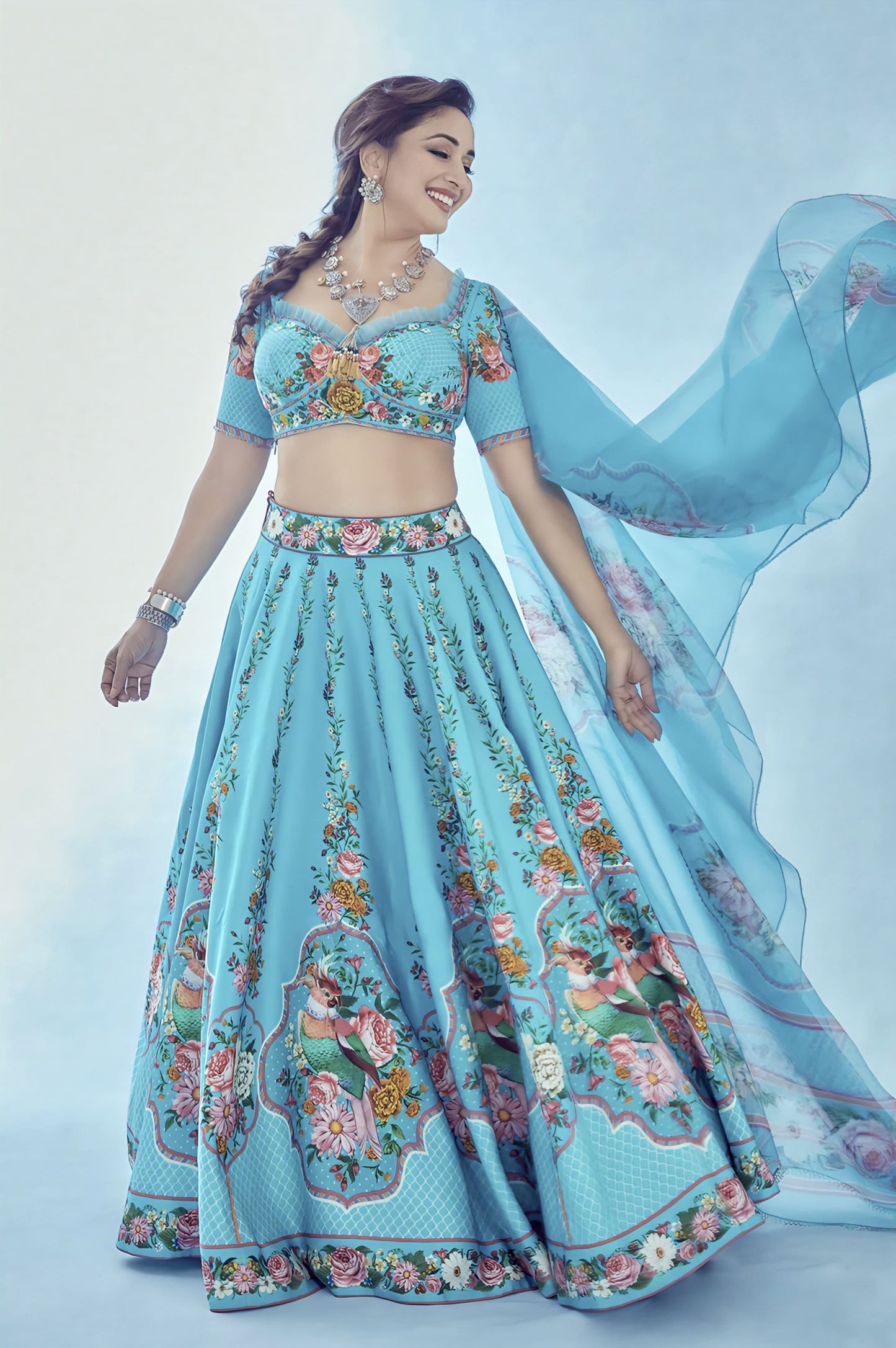 Madhuri Dixit in Firoza Arshneer Lehenga Set – Blue Linen Satin Digital Print & Embroidered Designer Lehenga