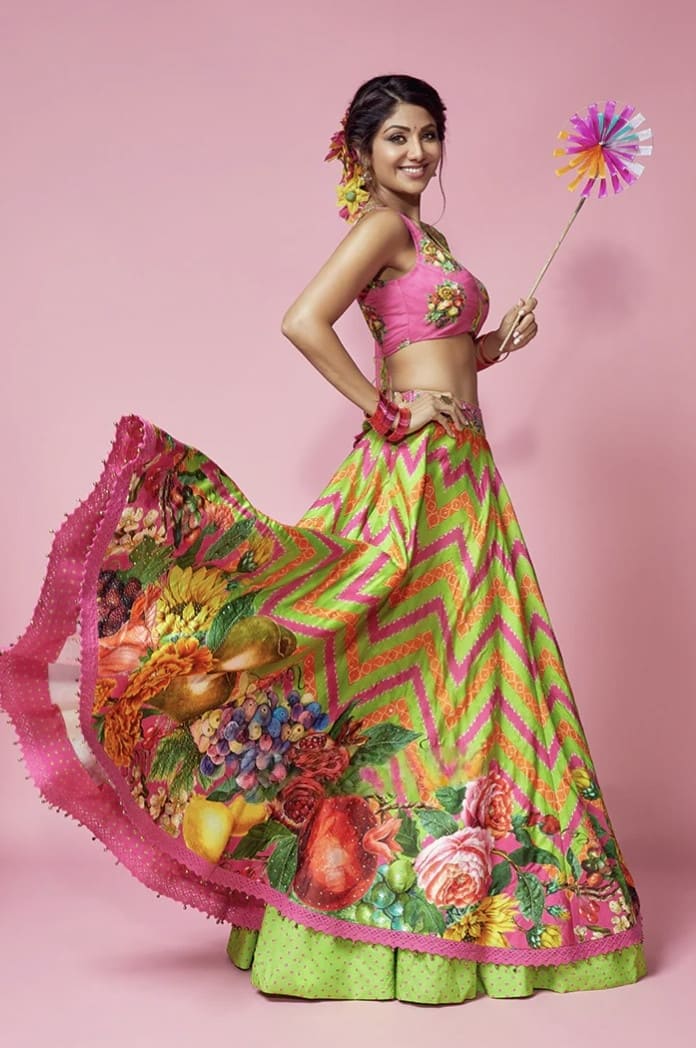 Shilpa Shetty Kundra in Custom Rang Rani Ajooni Lehenga Set – Pink & Green Silk Embroidered Designer Lehenga