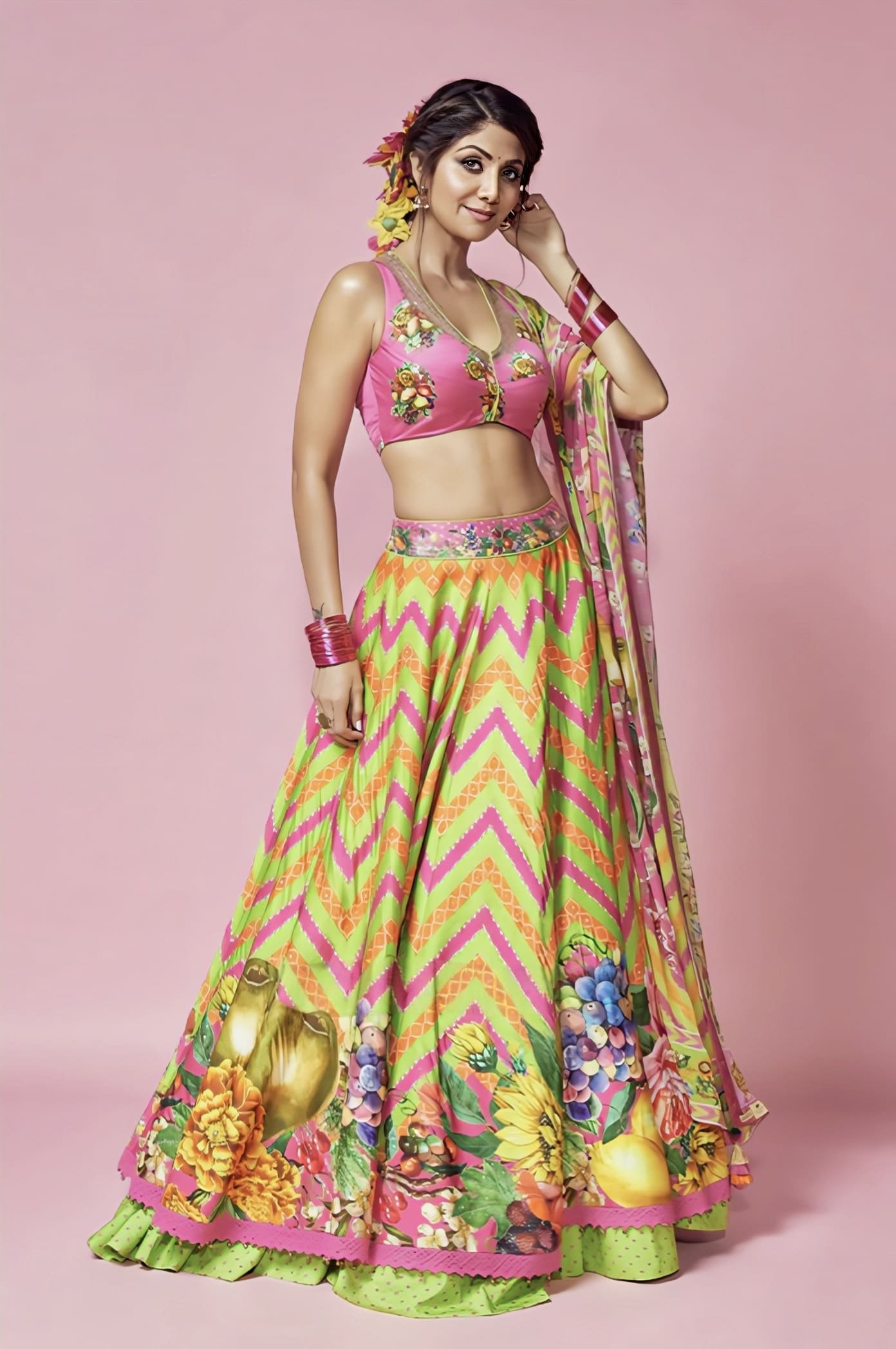 Shilpa Shetty Kundra in Custom Rang Rani Ajooni Lehenga Set – Pink & Green Silk Embroidered Designer Lehenga