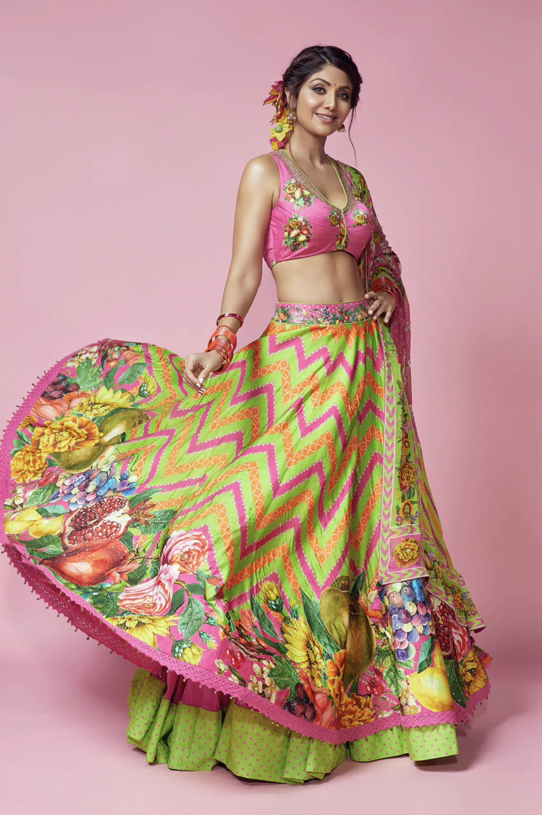 Silk lehenga with embroidery and digital print inspired by Shilpa Shetty