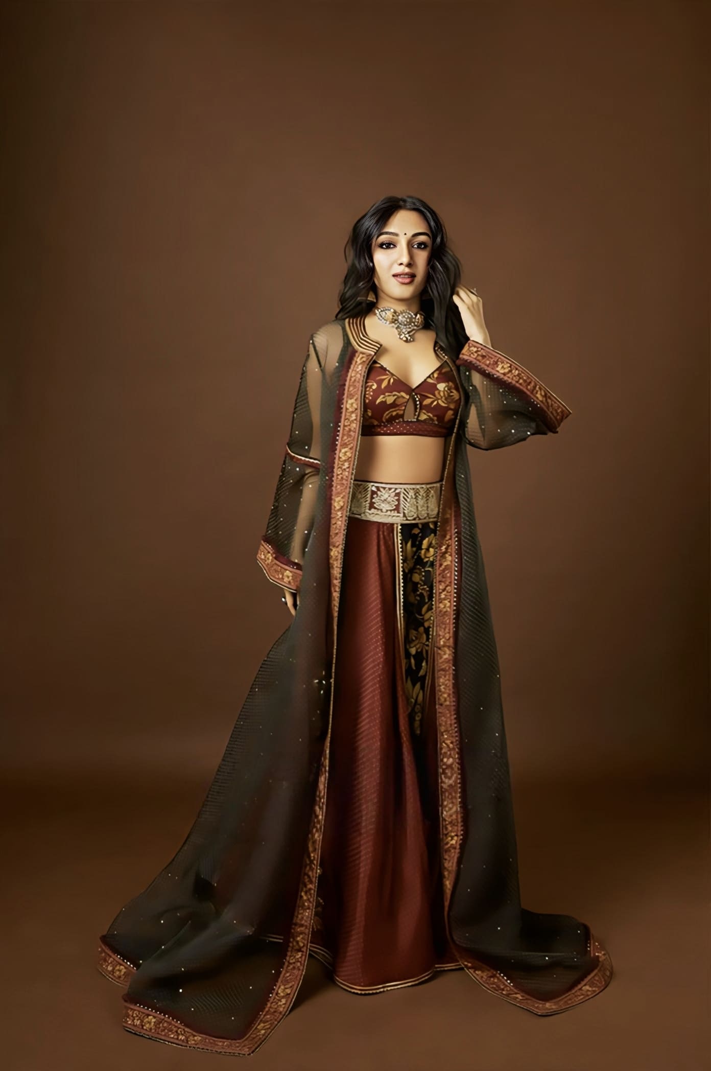 Organza cape with Bhagalpuri digital print and sharara inspired by Tanisha Santoshi