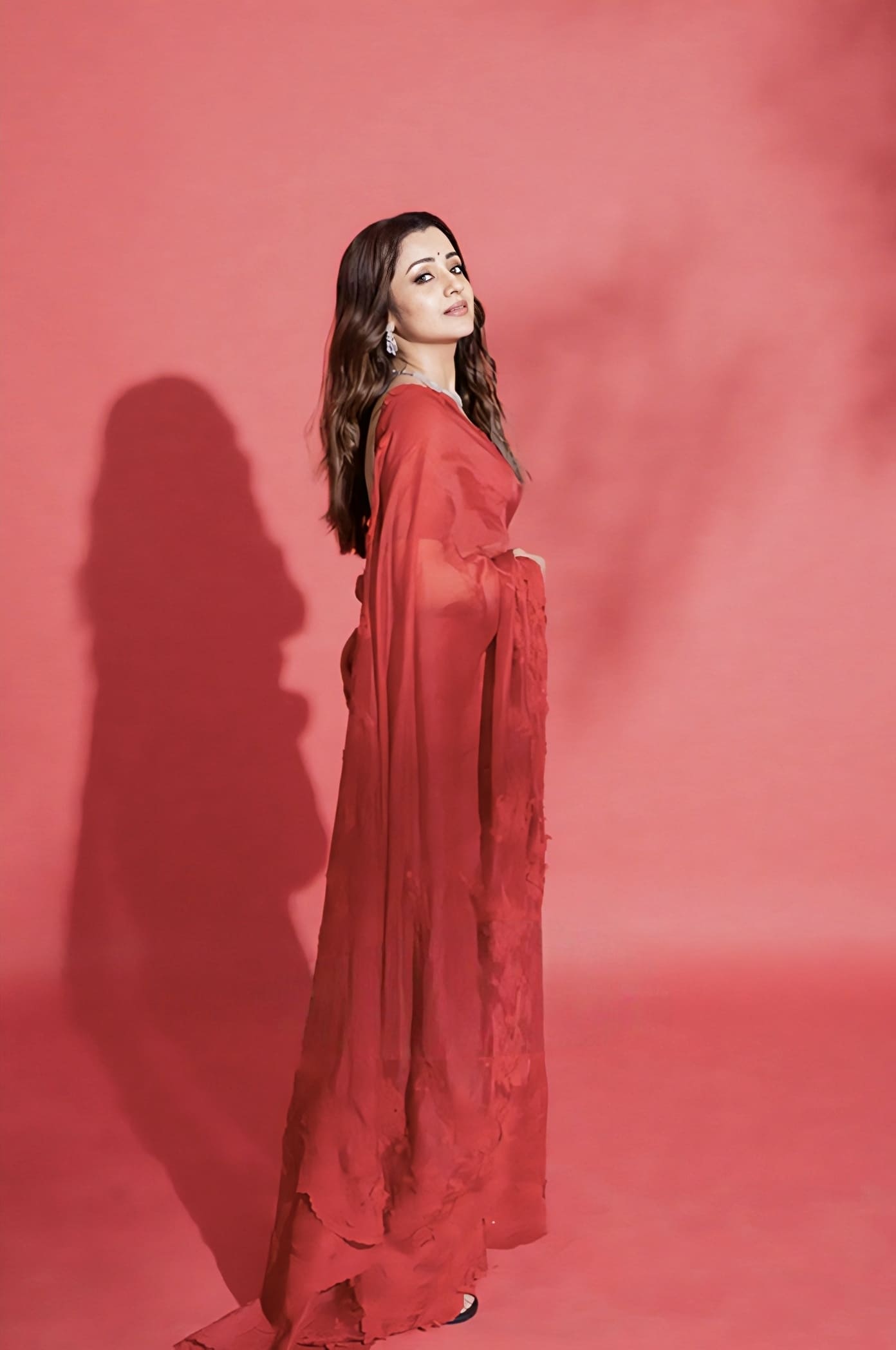 Red organza embroidered saree with net silk blouse inspired by Trisha Krishnan