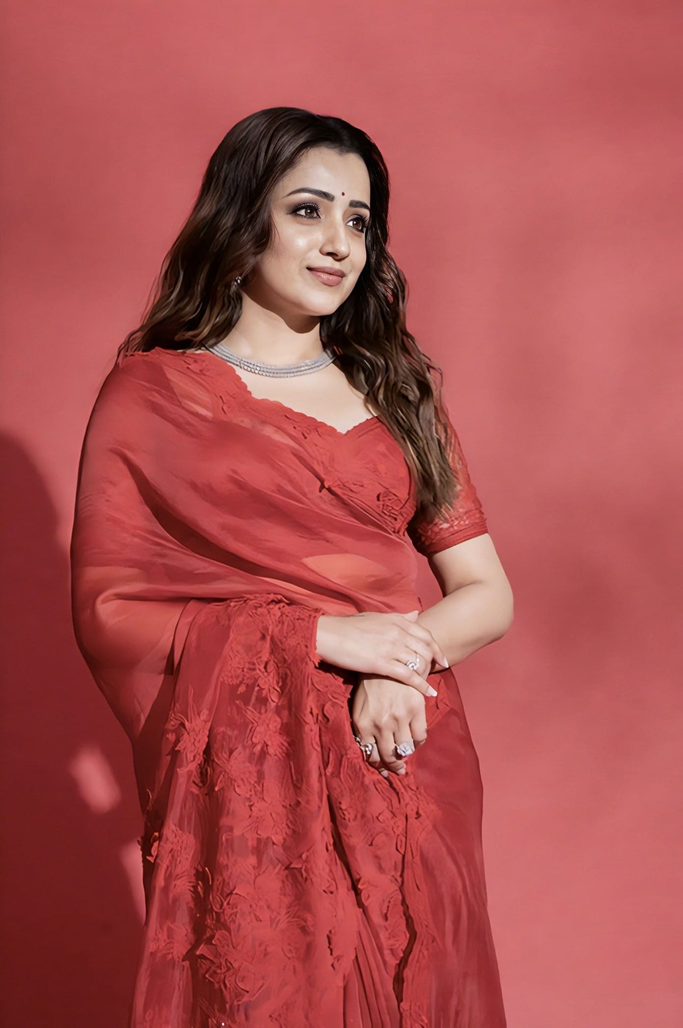 Trisha Krishnan in Surkh Ela Meher Passa Saree Set – Red Organza Embroidered Designer Saree