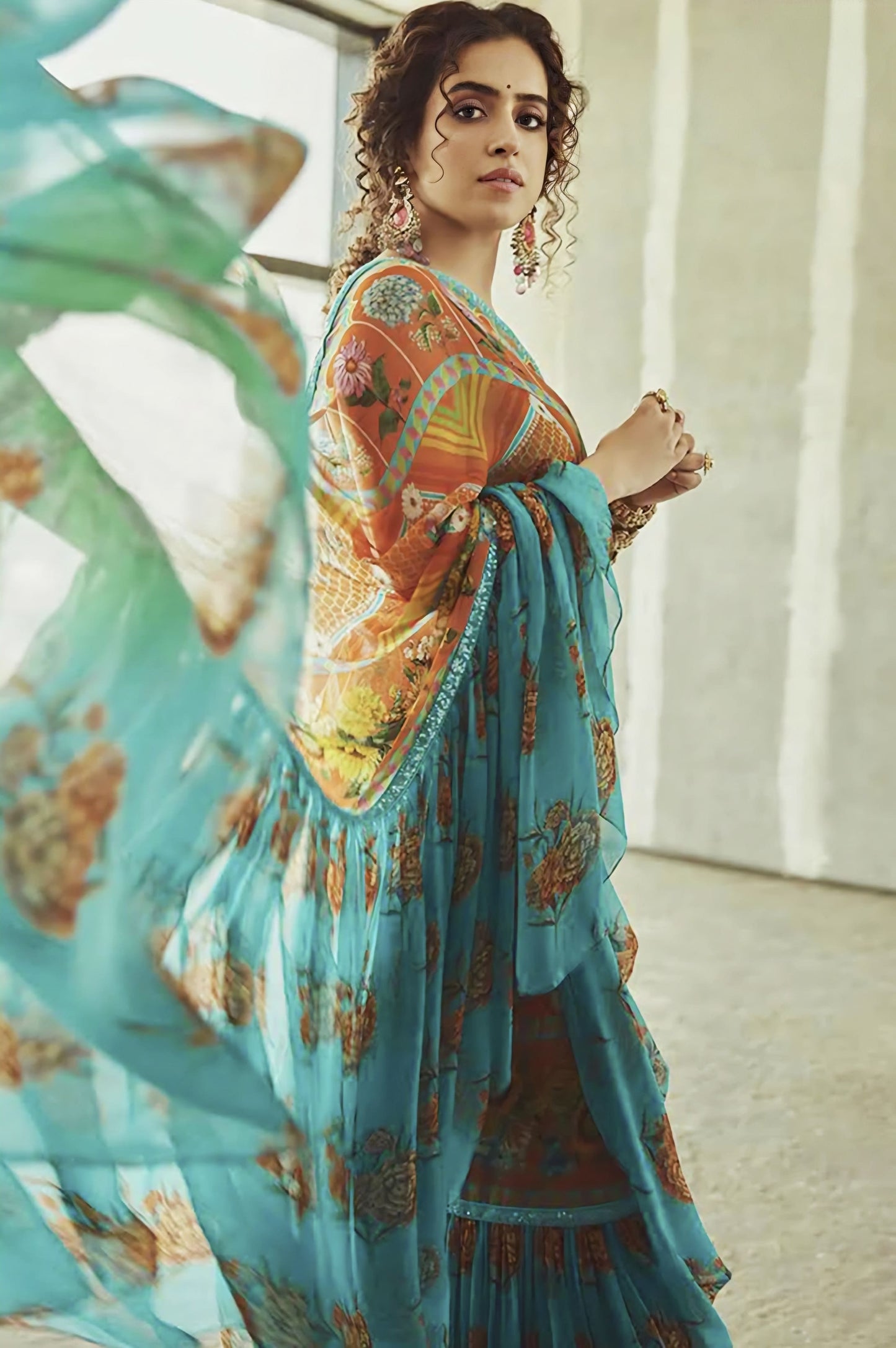 Sanya Malhotra in Firoza Ikjot Saree Set – Blue Chiffon Digital Print & Embroidered Designer Saree