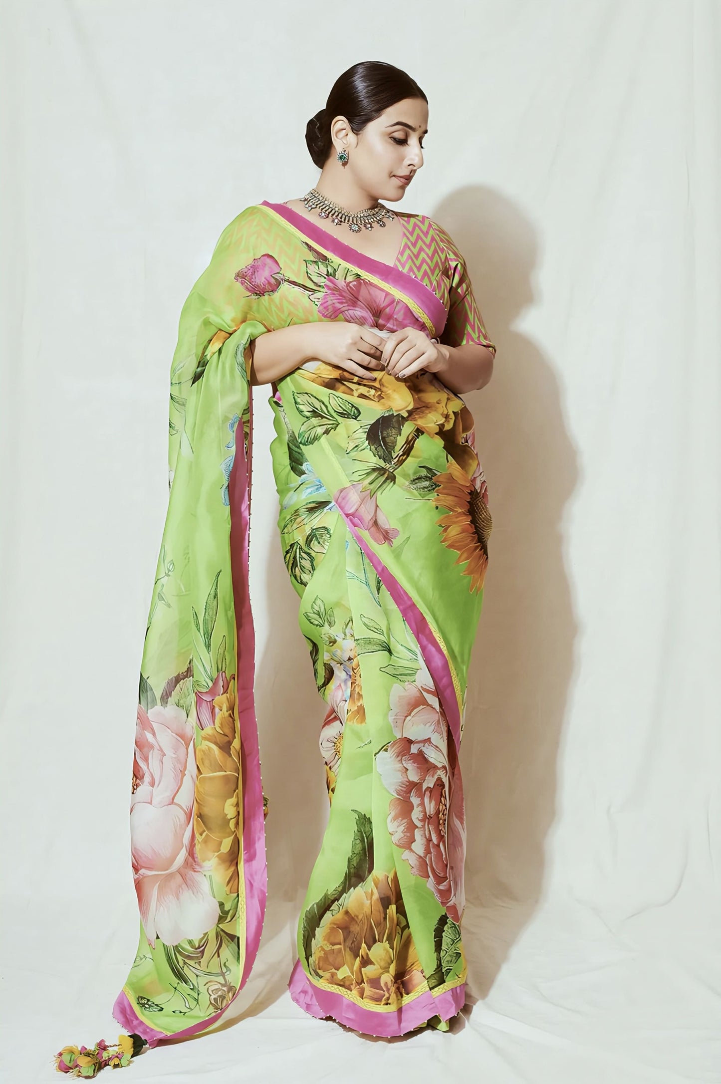 Green silk organza saree with digital and sequin work inspired by Vidya Balan