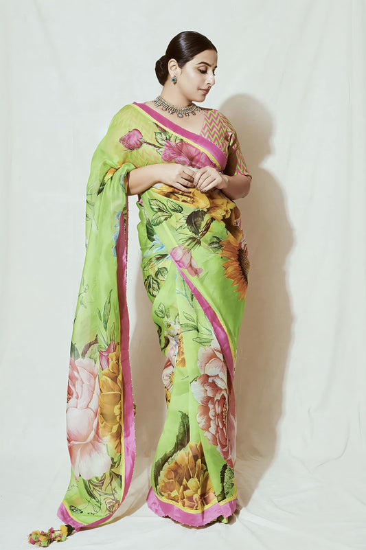Green silk organza saree with digital and sequin work inspired by Vidya Balan