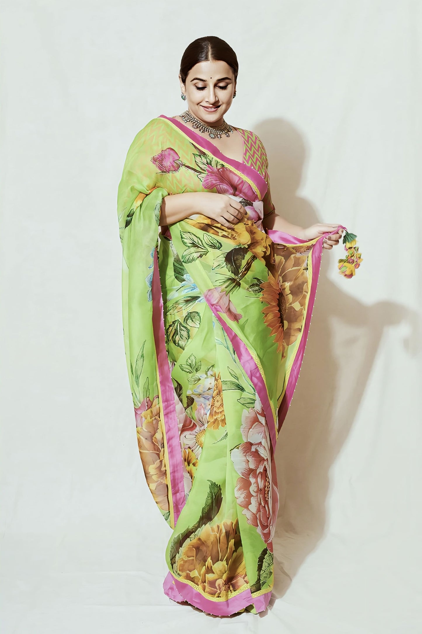 Vidya Balan in Angoori Leila Saree Set – Green Silk Organza Digital & Sequin Work Designer Saree