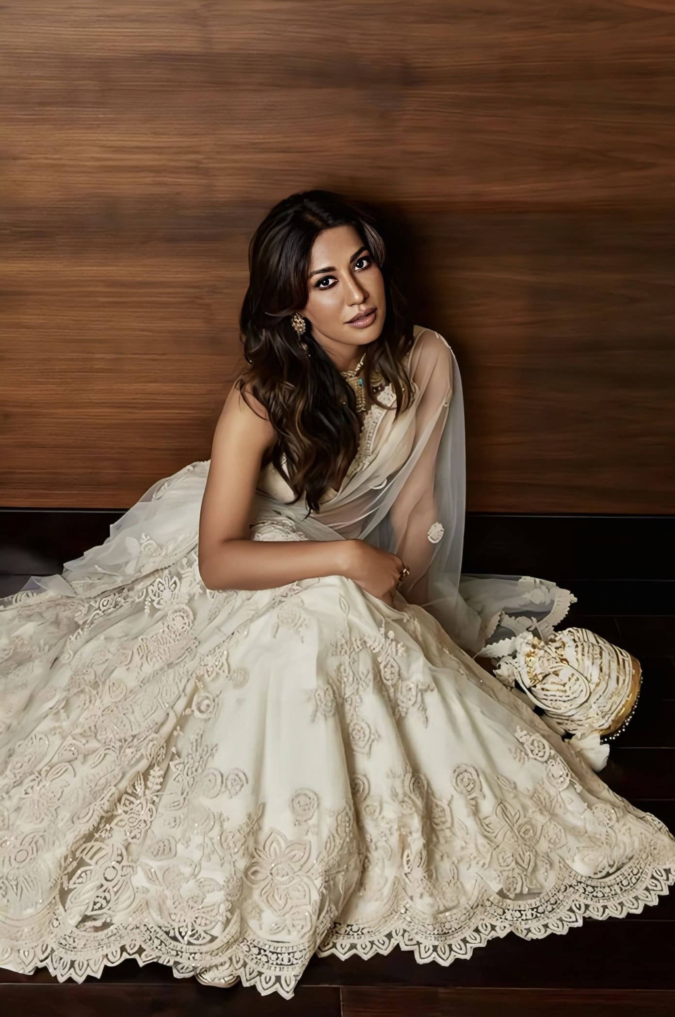 White embroidered lehenga with organza dupatta inspired by Chitrangada Singh