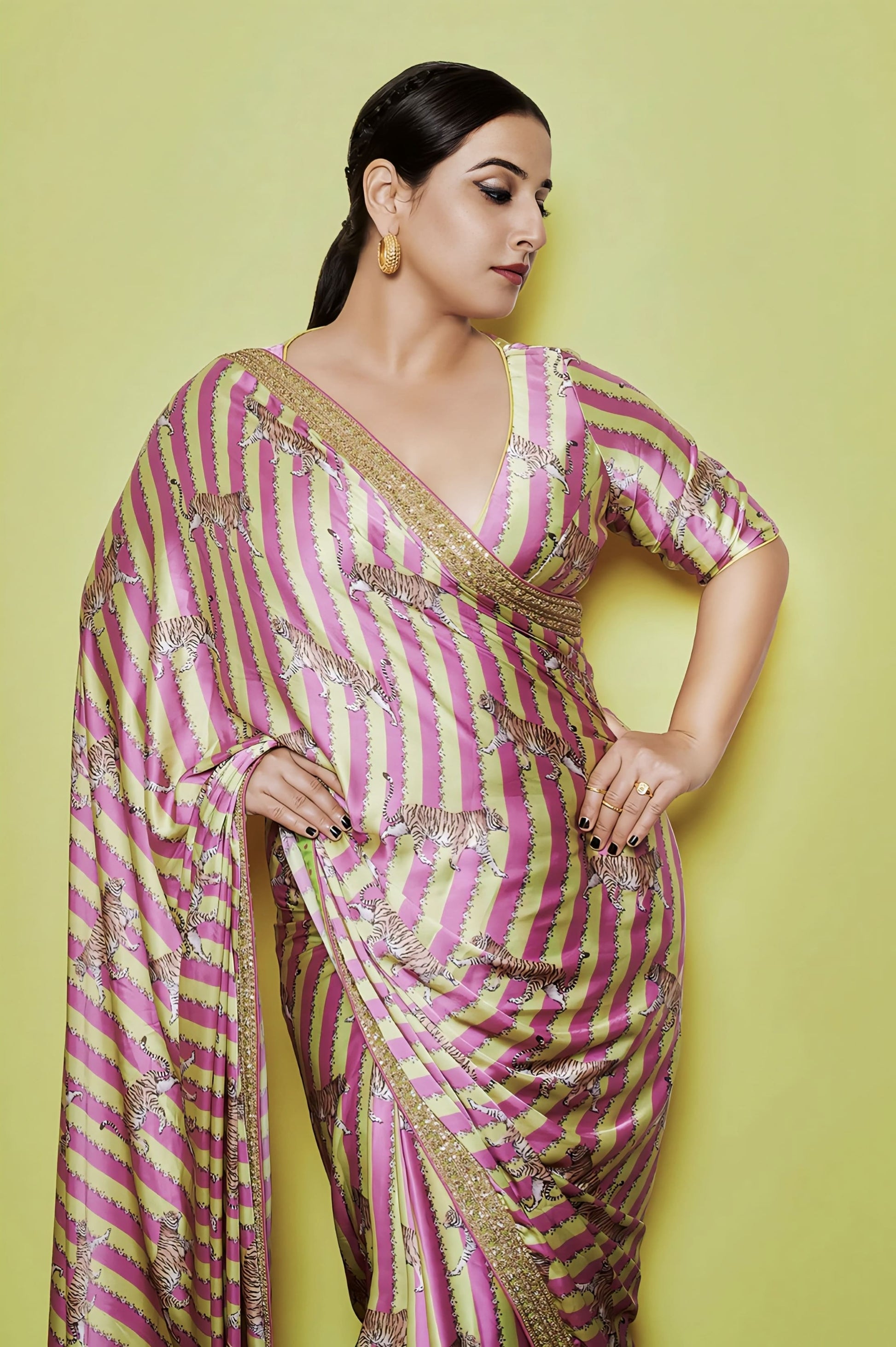 Pink satin saree with digital print and embroidery inspired by Vidya Balan