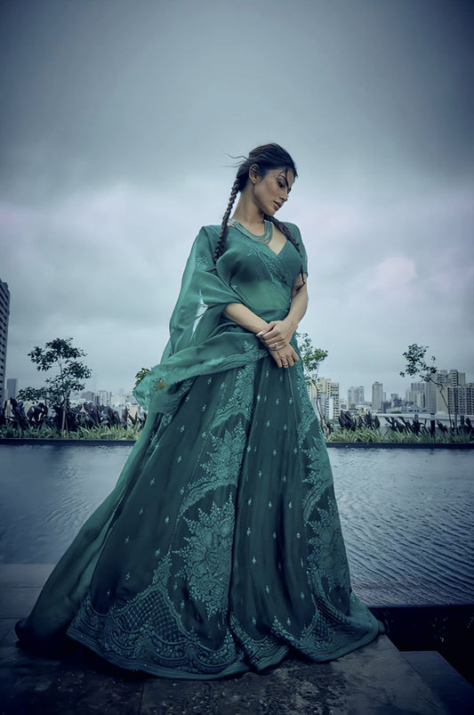 Mouni Roy in Sabz Mehreen Passa Lehenga Set – Green Silk Organza Embroidered Designer Lehenga