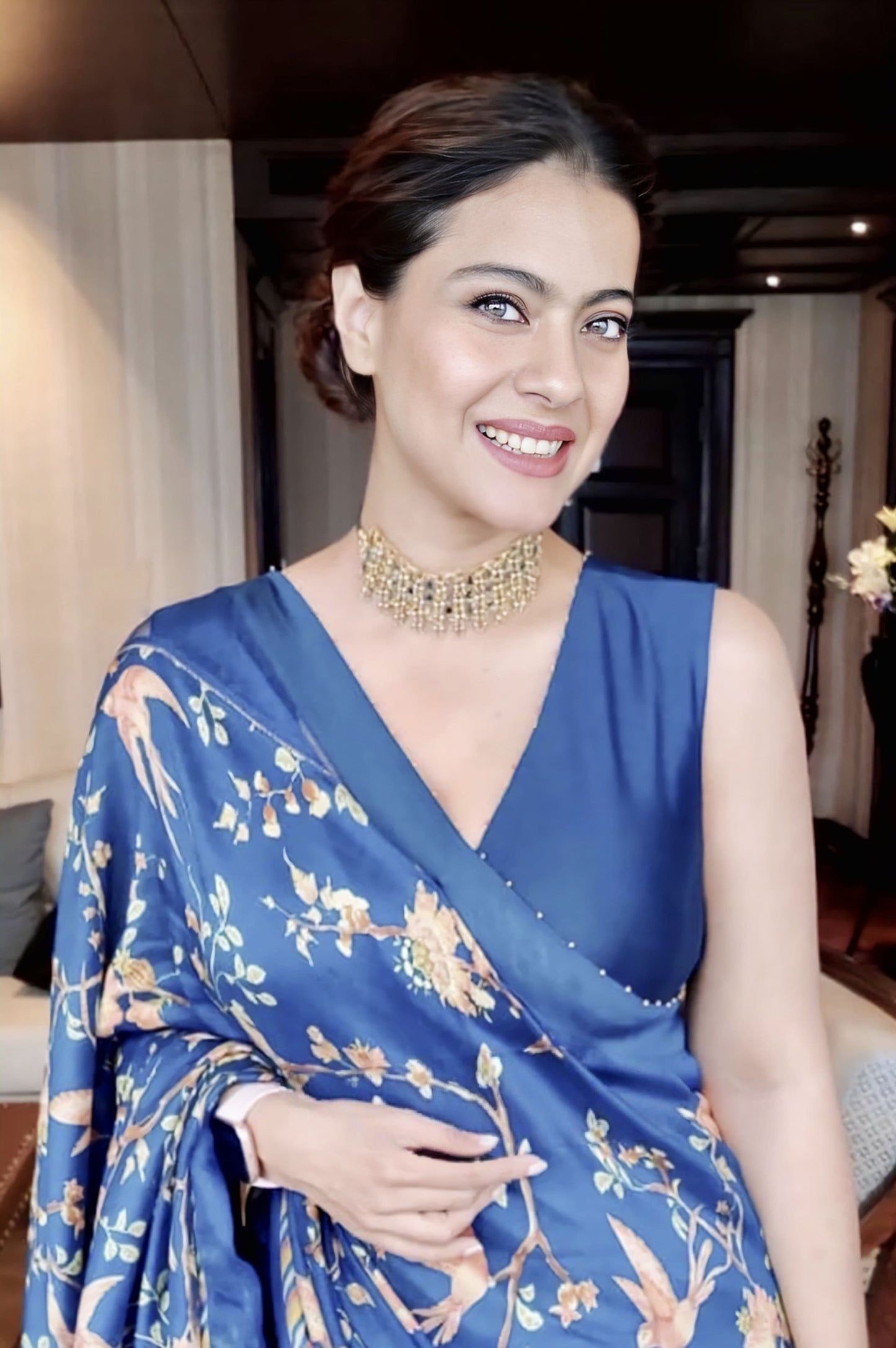 Blue Chanderi saree with digital print and embroidery inspired by Kajol